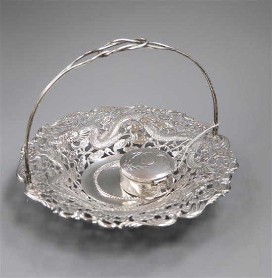A Japanese? pierced white metal dish with later plated handle and a Japanese white metal small box and cover.